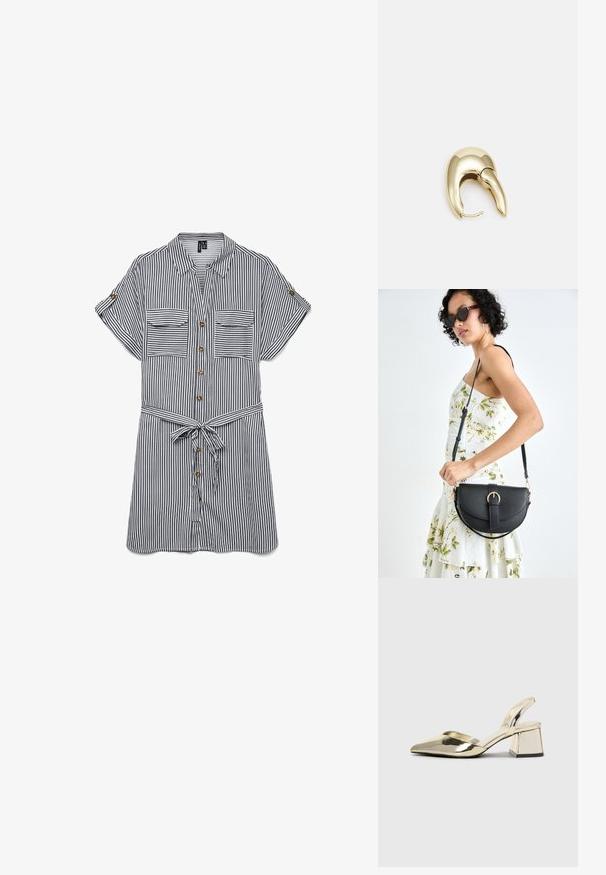 Camisa de botão respirável em riscas verticais azul marinho e branca. Apresenta dois bolsos no peito, mangas curtas e um cinto atado na cintura.; Sapatos de salto alto metálicos dourados, com biqueira em ponta e salto grosso. Textura suave, design minimalista e uma tira estreita.; Bolsa de couro preta com forma curva, alça destacável e detalhes em dourado. A bolsa possui uma aba com detalhe de fivela.; Brinco em metal dourado com um design elegante e curvo. Apresenta uma forma pontiaguda distinta, superfície polida e fecho por dobradiça.