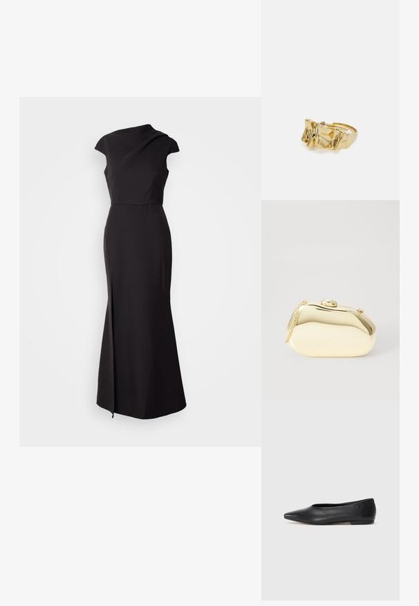 Črna brezrokavnik obleka z visokim ovratnikom, prilegajočim bodijem in dolgo krilo z bočnim razporkom in gladko, mat teksturo.; Črne usnjene balerinke, koničast toe, minimalističen dizajn, gladka tekstura, nizka peta, brez vidnih kovinskih delov ali okraskov.; Metalna zlata torbica z gladko, zaobljeno obliko, opremljena z zgornjim gumbom in majhnim verižnim ročajem za nošenje.; Zlati prstan z teksturiranim, valovitim dizajnom, ki ima tri izrazite vrhove. Gladka, sijoča površina z odprtim pasom za prilagodljivo prileganje.