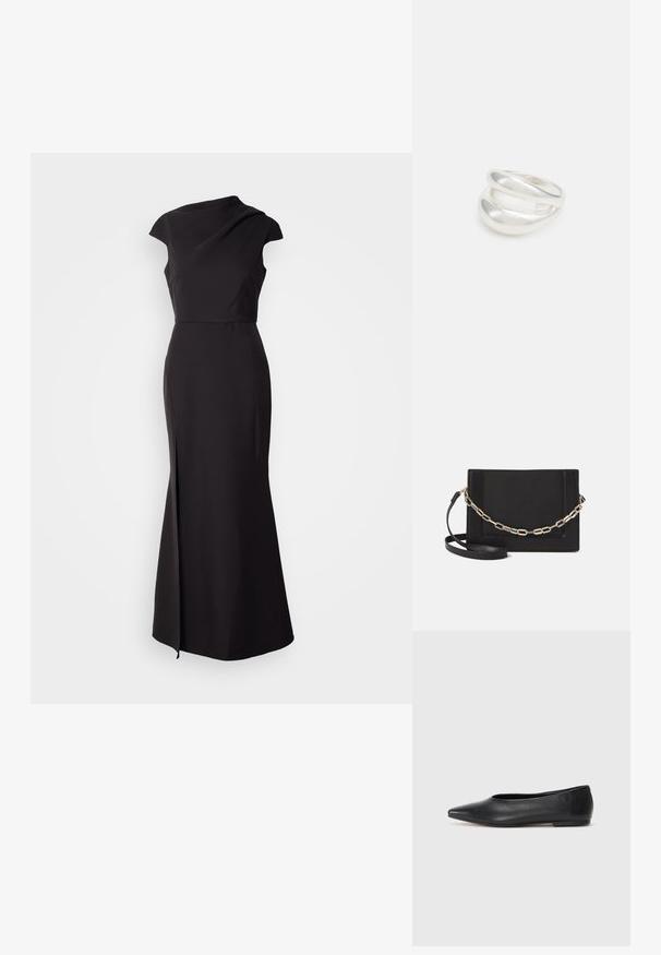 Čierne šatôčky bez rukávov s vysokým výstrihom, priliehavou živôtikou a sukňou s dĺžkou po zem, ktorá má bočný rozparok a hladkú, matnú textúru.; Čierne kožené baletky, špicatý špička, minimalistický dizajn, hladká textúra, nízky podpätok, bez viditeľných prvkov alebo ozdôb.; Čierna kožená crossbody taška s hladkou textúrou, obdĺžnikovým tvarom a kovovým reťazovým detailom na prednej strane. Súčasťou je nastaviteľný popruh.; Strieborný prsteň s dvojitým pásikom s hladkým, lesklým povrchom. Má plynulý, zakrivený dizajn s prekryvajúcimi sa časťami pre moderný vzhľad.