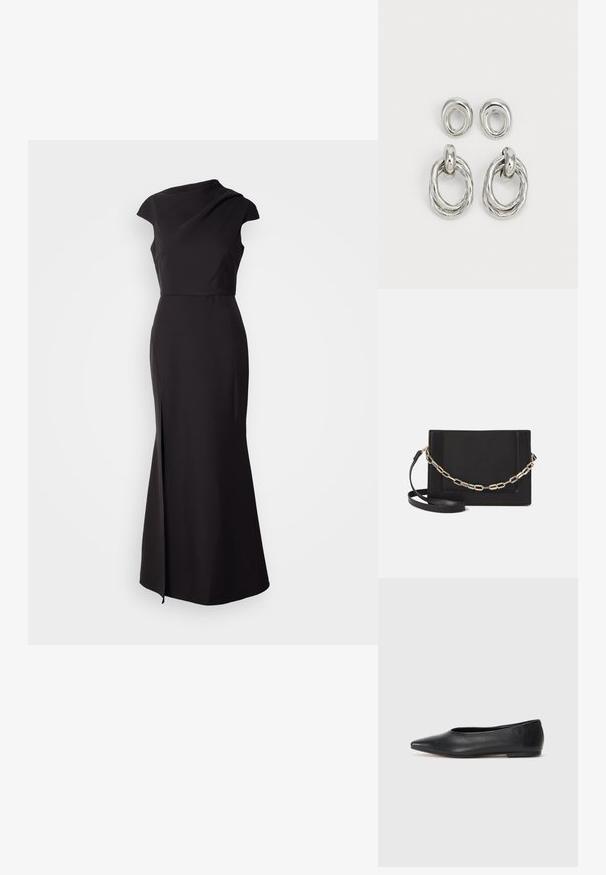 Fekete ujjatlan ruha magas nyakkivágással, testhez simuló felső résszel és földig érő szoknyával, amely oldalhasítékkal és sima, matt textúrával rendelkezik.; Fekete bőr balettcipő, hegyes orral, minimalista dizájn, sima textúra, alacsony sarkú, látható fémrész vagy díszítés nélkül.; Fekete bőr keresztpántos táska, sima textúrával, téglalap alakú és fém lánc részlettel az elején. Állítható pánttal ellátva.; Ezüst árnyalatú fém fülbevalók, melyek két különböző dizájnnal rendelkeznek: egy csavart kör alakú karika és egy sima kör alakú stift. A fényes felület fokozza az eleganciát.