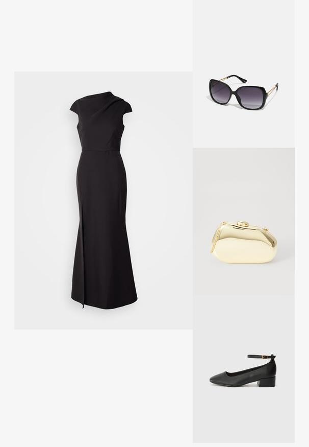 Black sleeveless dress with a high neckline, fitted bodice, and floor-length skirt featuring a side slit and smooth, matte texture.; Black leather pump with a pointed toe and a low block heel. Features an ankle strap with a gold-tone buckle. Smooth texture.; Black oversized sunglasses with gradient lenses, thick frames, and gold-tone chain detailing on the temple arms.; Metallic gold clutch with a smooth, rounded shape, featuring a top button clasp and a small chain strap for carrying.