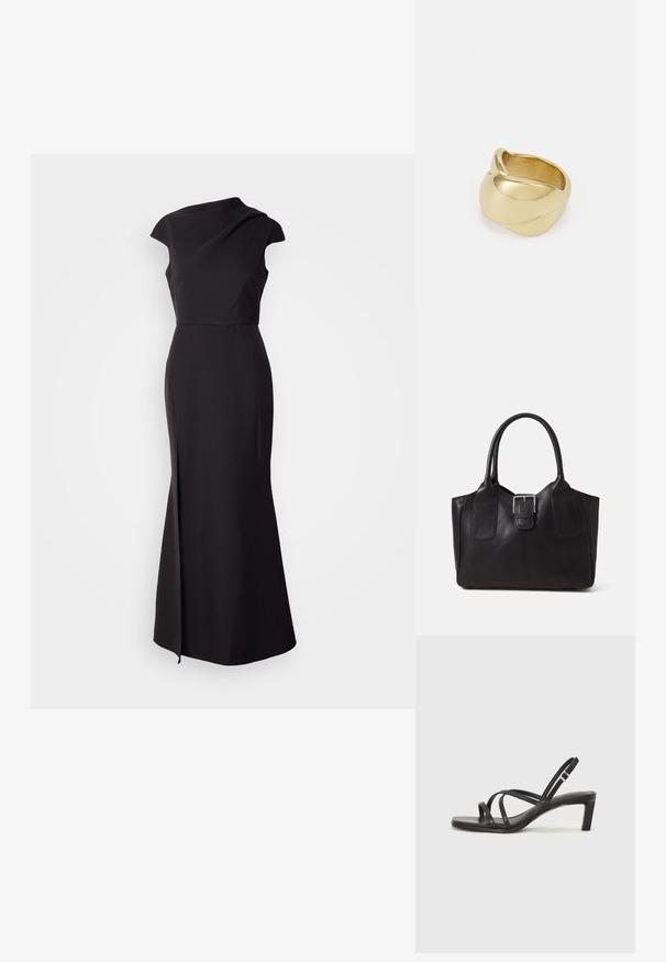 Fekete ujjatlan ruha magas nyakkivágással, testhez simuló felső résszel és földig érő szoknyával, amely oldalhasítékkal és sima, matt textúrával rendelkezik.; Fekete pántos szandál négyzetes orral és alacsony blokk sarkal. Több vékony pánttal és állítható boka pánttal rendelkezik. Sima bőrből készült.; Fekete bőr bevásárlótáska sima textúrával, strukturált formával, két fogantyúval és egy figyelemfelkeltő ezüst csattal az elején.; Aranyszínű gyűrű sima, csavarodott mintával. Polírozott felülettel és lekerekített élekkel rendelkezik, ami zökkenőmentes, folyékony formát kölcsönöz neki.