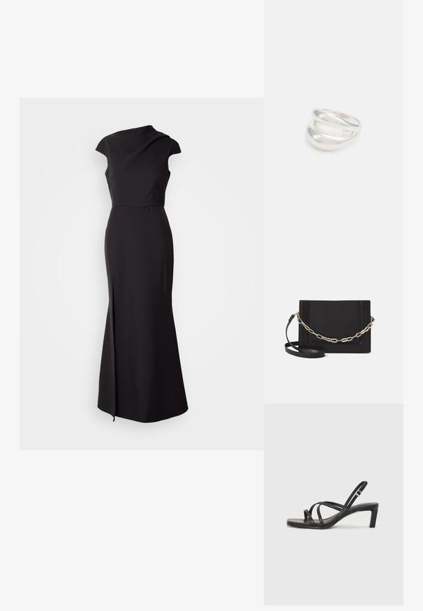 Juoda be rankovių suknelė su aukštu iškirpimu, prigludusia liemene ir grindjuoste, kuri turi šoninės plyšio ir lygų, matinį audinį.; Juodi šlepetės su kvadratiniu pirštu ir žemu bloku kulnu. Yra keli ploni dirželiai ir reguliuojamas kulkšnies diržas. Pagaminti iš lygios odos.; Juodas odinis per petį nešiojamas krepšys turi lygų paviršių, stačiakampio formą ir metalinę grandinėlę priekyje. Pridedama reguliuojama dirželis.; Sidabrinis dvigubas žiedas su lygiu, poliruotu paviršiumi. Pasižymi sklandžiu, kreiptu dizainu su persipinančiomis dalimis, suteikiančiomis modernų išvaizdą.