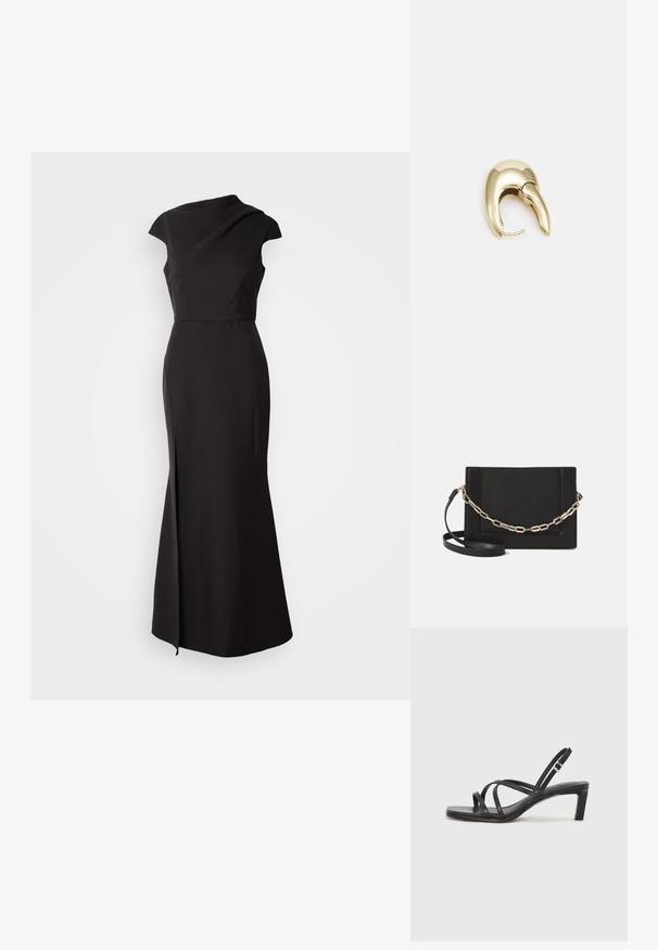 Crna haljina bez rukava s visokim izrezom, pripijeni gornji deo i suknja do poda koja ima bočni prorez i glatku, mat teksturu.; Crne sandale s trakama, kvadratnim prstom i niskom blok petom. Ima više tankih trakica i podesivu trakicu oko gležnja. Izrađene su od glatke kože.; Crna kožna torba preko tijela s glatkom teksturom, pravokutnim oblikom i metalnim lancem na prednjoj strani. Uključena je podesiva naramenica.; Zlatne metalne naušnice s elegantnim, zakrivljenim dizajnom. Imaju karakterističan šiljast oblik, poliranu površinu i zatvaranje na šarku.