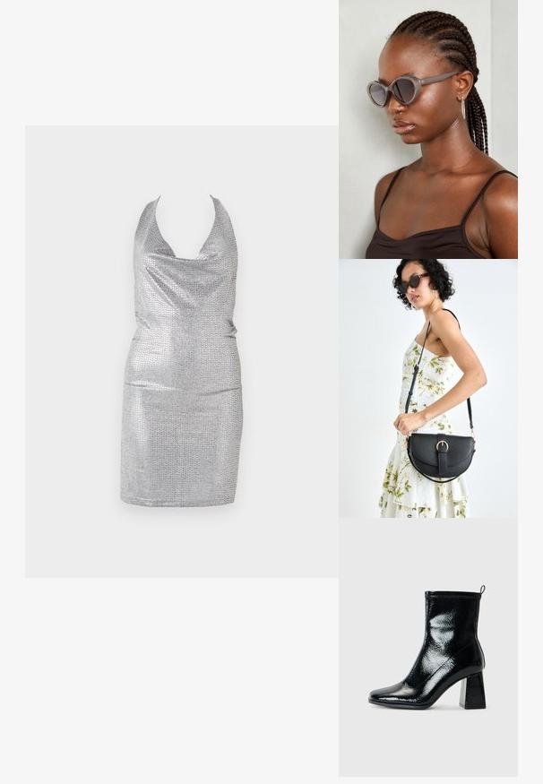 Vestido prateado com decote halter, confeccionado em material brilhante com um padrão texturizado, silhueta ajustada e comprimento até ao joelho.; Botim de tornozelo pretos em verniz com bico quadrado e salto geométrico robusto. Apresenta uma textura suave e brilhante, além de uma pega traseira para facilitar o calçar.; Óculos de sol cinzentos de tamanho oversized com uma forma arredondada e lentes escuras. Armação de plástico elegante com um acabamento suave. O modelo tem cabelo trançado.; Bolsa de couro preta com forma curva, alça destacável e detalhes em dourado. A bolsa possui uma aba com detalhe de fivela.
