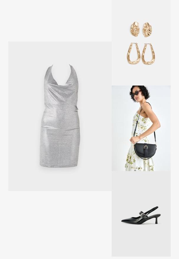 Vestido prateado com decote halter, confeccionado em material brilhante com um padrão texturizado, silhueta ajustada e comprimento até ao joelho.; Saltos slingback em verniz preto com bico pontiagudo e um pequeno salto bloco, apresentando um detalhe de fivela prateada na tira.; Bolsa de couro preta com forma curva, alça destacável e detalhes em dourado. A bolsa possui uma aba com detalhe de fivela.; Brincos em tom de ouro com formas onduladas e texturizadas. Inclui studs escultóricos com presilha e um design de argola aberta com um acabamento martelado.