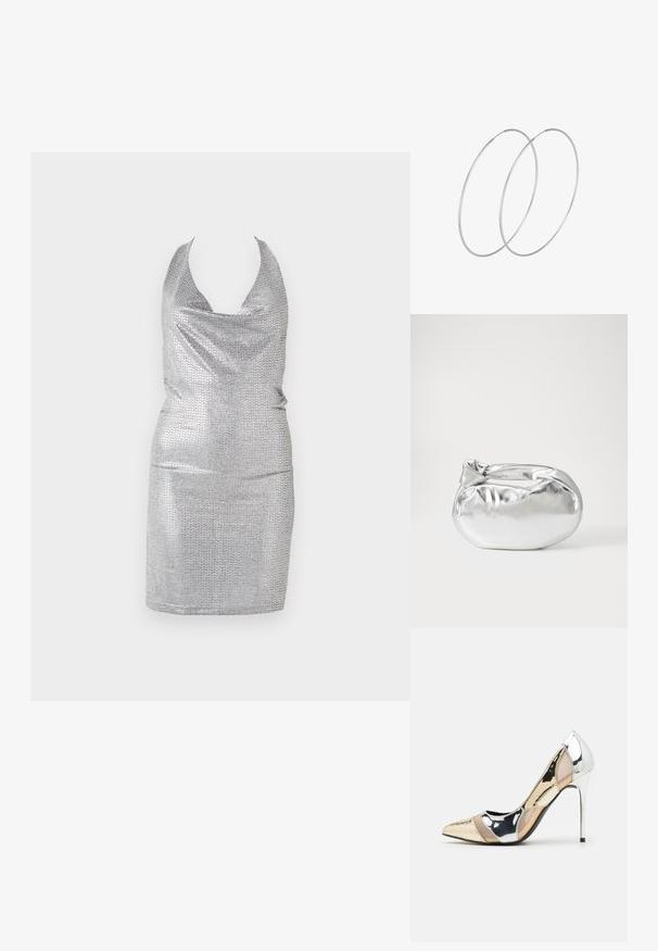 Sudraba halter-neck kleita ar ieliekamu dekoltē, izgatavota no spīdīga materiāla ar faktūru, pieguļošs siluets un līdz ceļiem garš apakšmalas.; Apspīlēta augstpapēžu kurpe ar zeltītu, sudrabi un neitrālu krāsu kombināciju. Spīguļojoša virsma ar izgriezuma dizainu, aprīkota ar stiletto papēdi.; Sudraba metāliska poga somiņa ar mīkstu, noapaļotu formu un mezgla augšējo aizdari. Izgatavota no gludas mākslīgās ādas materiāla.; Sudraba gredzenveida auskari ar minimālistisku dizainu. Cirkulāra forma, gluda tekstūra un plāns profils. Vieglu svaru ar spīdīgu apdari.