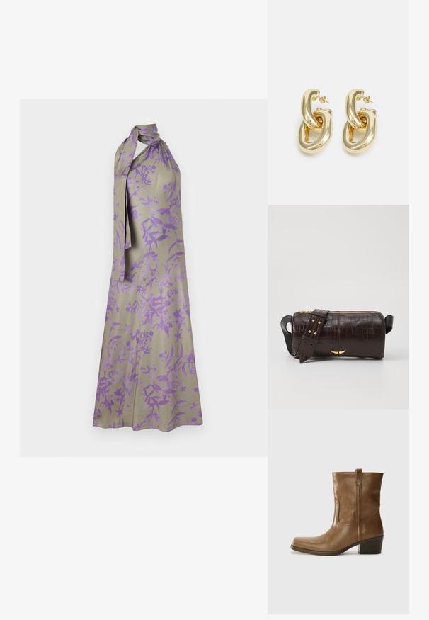 Robe dos nu en tissu beige clair avec un motif floral violet. Présente un col noué et une silhouette fluide.; Bottine en cuir marron avec un orteil carré, une finition texturée et un petit talon empilé. Présente une languette à l'arrière et des détails de couture subtils.; Sac en cuir embossé crocodile marron avec une forme cylindrique, quincaillerie dorée et une bandoulière détachable ornée de clous.; Rabanne XL LINK  DOUBLE HOOP EARRINGS - Boucles d'oreilles - gold-coloured