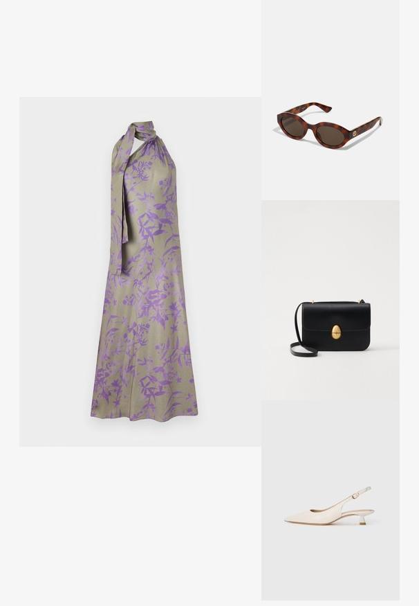 Abito halterneck in tessuto beige chiaro con un motivo floreale in viola. Caratterizzato da un collo legato e una silhouette fluida.; Scarpa slingback a punta color crema con tacco kitten basso e fibbia dorata su sfondo bianco puro.; Occhiali da sole in tartaruga con montatura arrotondata, lenti scure e dettagli in oro sul tempio. Materiale in plastica liscia, senza schemi visibili.; Borsa a tracolla in pelle nera con forma rettangolare strutturata. Presenta una chiusura ovale dorata e una sottile tracolla. Texture liscia.