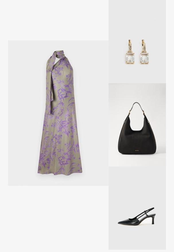 Halterska haljina od svijetlosmeđeg materijala s cvjetnim uzorkom u ljubičastoj boji. Ima vezanu izrezu oko vrata i lepršav siluet.; Crne lakirane slingback pete s oštrim vrhom, s teksturiranim uzorkom zmijske kože, podesivom remenom i kratkom, teksturiranom blok-petom.; MICHAEL Michael Kors NOLITA HOBO  - Ručna torba - black; Zlatne naušnice s pravokutnim, prozirnim kristalom koji visi ispod niza malih, okruglih prozirnih akcenata. Elegantni, moderni dizajn.