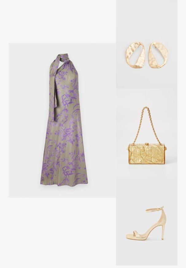 Rochie cu guler halter dintr-un material bej deschis, cu un model floral în nuanțe de mov. Are un decolteu legat și o siluetă fluidă.; Sandalie aurii metalice cu toc înalt, cu vârf deschis, curea la gleznă cu cataramă și talpă platformă pentru un plus de înălțime. Textură netedă.; Geanta dintr-un material auriu cu o textură șifonată, având o formă rectangulară, dotată cu un sistem de prindere cu lanț și un zăvor în partea de sus. Finisaj neted și strălucitor.; O pereche de cercei din metal de culoare aurie, cu formă ovală neregulată, având o suprafață texturată, ușor ciocănită, pe un fundal alb.