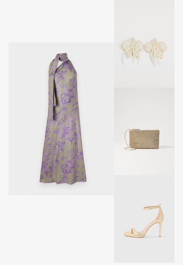 Halterkleid aus hellem beigen Stoff mit lila floralem Muster. Mit gebundenem Ausschnitt und fließender Silhouette.; Goldfarbene metallische High-Heel-Sandale mit offener Zehenpartie, Knöchelriemen mit Schnalle und einer Plattformsohle für zusätzliche Höhe. Glatte Textur.; Loeffler Randall YASMINE FLAT CLUTCH - Umhängetasche - gold; Perlenblumenohrringe mit goldenen Akzenten. Jedes Blatt ist mit kleinen, runden Perlen in einem floralen Design angeordnet, ergänzt durch herabhängende Perlendetails.