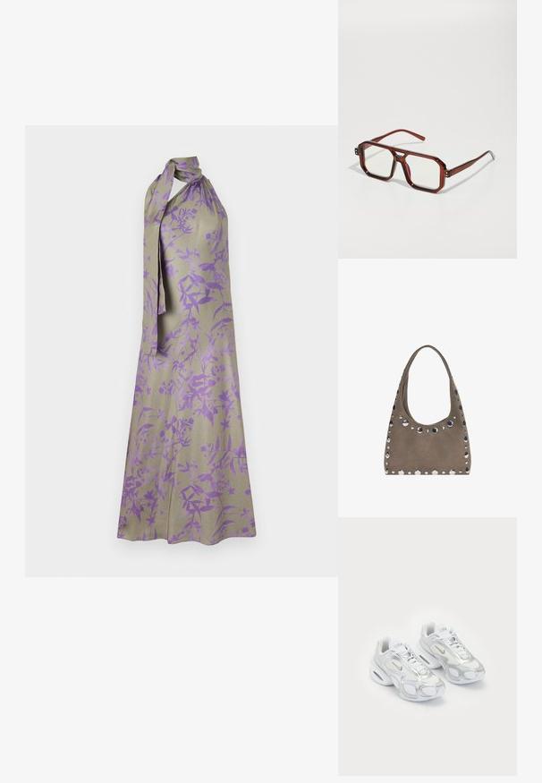 Halterkleid aus hellem beigen Stoff mit lila floralem Muster. Mit gebundenem Ausschnitt und fließender Silhouette.; Weiße Sportschuhe mit einem Obermaterial aus Netzgewebe und silbernen Akzenten, einer einzigartigen Form und Luftpolsterung in der Ferse. Geflochtenes Design mit Logo.; Braune transparente übergroße Brillen mit rechteckigen Gläsern und schlanken Bügeln. Abgewinkelte, leicht abgerundete Ecken und sichtbare Hardware-Akzente.; PULL&BEAR SHOPPER - Shopping Bag - grey