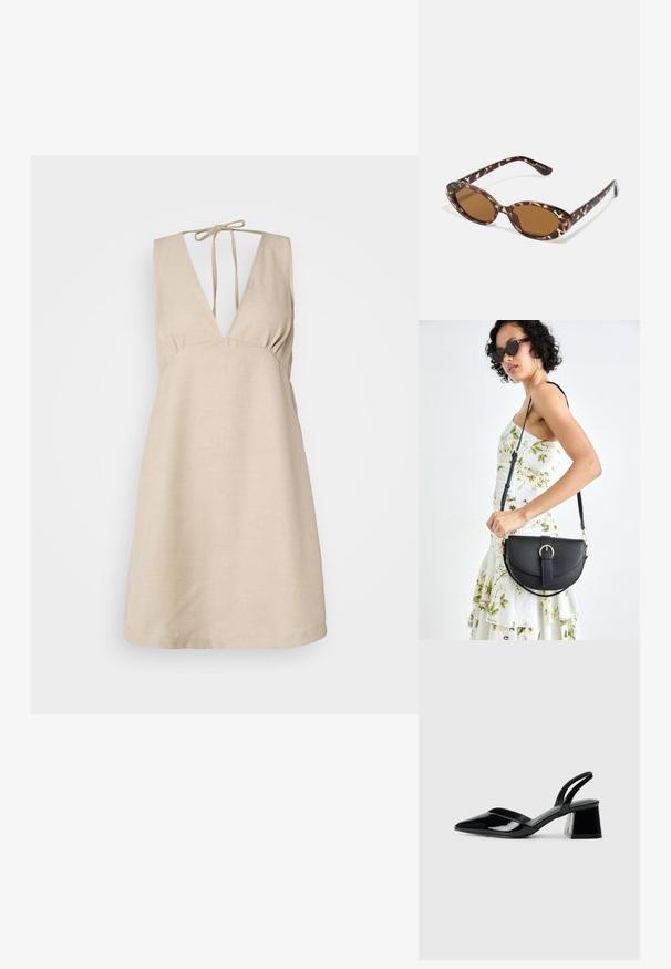 Bež haljina od platna s dubokim V-izrezom i podesivom vezicom na leđima. A-linijski kroj, teksturirana tkanina i bez rukava.; Crne lakirane kožne sandale s otvorenom petom i špicastim vrhom, s geometrijskom blok petom. Imaju elegantan, minimalistički dizajn i glatku teksturu.; Naočale od kornjače s ovalnim lećama, smeškanim tonovima, tanke nogice s teksturiranim uzorkom, lagani plastični okvir.; Crna kožna torba s lukovitim oblikom, odvojivim remenom i zlatnim detaljima. Torba ima preklop s kopčom.; Prsten u zlatnoj nijansi s organskim, uvijenim dizajnom, glatkom teksturom i suženim krajevima, koji stvara moderan, skulpturalni izgled.