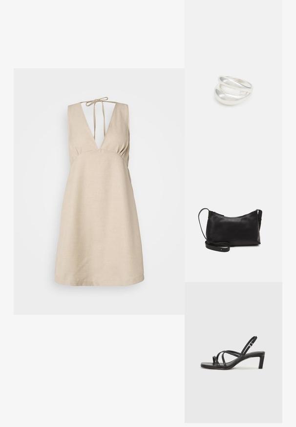 Bežové ľanové šaty s hlbokým V-výstrihom a nastaviteľnou šnurovačkou na zadnej strane. A-línia, textúrovaná látka a bezrukávový dizajn.; Čierne sandále na vysokom podpätku so štvorcovou špičkou a nízkym blokovým podpätkom. Obsahujú viacero tenkých popruhov a nastaviteľný členkový popruh. Vyrobené z hladkej kože.; Čierna kožená ramenná taška s hladkou textúrou, zakriveným tvarom, nastaviteľným popruhom a zipsom. Minimalistický dizajn bez ozdôb.; Strieborný prsteň s dvojitým pásikom s hladkým, lesklým povrchom. Má plynulý, zakrivený dizajn s prekryvajúcimi sa časťami pre moderný vzhľad.