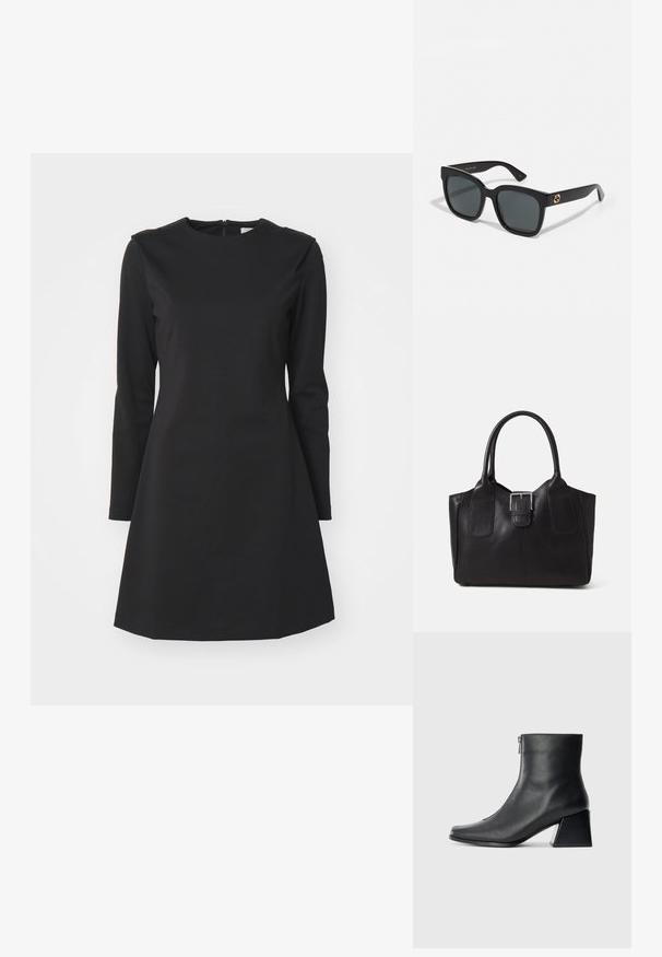 Svart langermet kjole med rund hals, A-fasong og glidelås bak. Laget av et glatt, strukturert stoff.; Sorte skinnankelsko med firkantet tå, glidelås på siden og blokkhæl mot en vanlig lys bakgrunn.; Sorte solbriller med rektangulære linser, som har en blank overflate og gulllogo aksenter på brillestengene. Mørkegrå linser gir UV-beskyttelse.; Svart skinn toteveske med jevn tekstur, strukturert form, to håndtak og en fremtredende sølvspenne foran.
