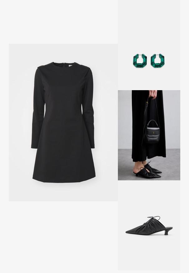 Svart klänning med lång ärm, rund halsringning, A-linjeformad silhuett och blixtlås i ryggen. Tillverkad av ett slätt, strukturerat tyg.; Svarta läder slip-on mules med spetsig tå, sammanknipen textur och en liten kitten heel. Har en dragsnörningsdetalj vid öppningen.; Liten svart läderhandväska med rundad form, handtag ovanpå och avtagbar rem. Bärs med svart tygklänning och svarta plisserade skor.; Gröna akrylörringar i en oktagonal form med facetterade kanter, med en metallspänne för säker förslutning.