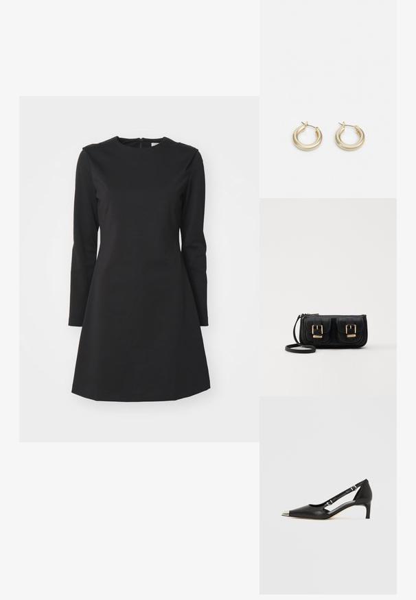 Černé dlouhé šaty s kulatým výstřihem, A-silhouette a zadním zipem. Vyrobené z hladké, strukturované tkaniny.; Černá kožená botička s nízkým podpatkem, špičatou stříbrnou špičkou a dvěma pásky s přezkami na bílém pozadí.; Černá kožená crossbody taška se dvěma předními kapsami, zlatými přezkami, zipovým uzávěrem a štíhlým popruhem. Texturovaný povrch a kompaktní obdélníkový tvar.; Lauren Ralph Lauren BASIC SMALL HOOP - Náušnice - gold-coloured