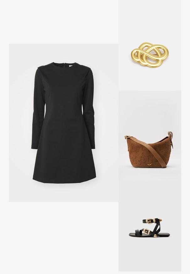 Juodas ilgas suknelė su apvaliu kaklu, A formos siluetu ir užtrauktuku gale. Pagaminta iš lygios, tekstūruotos medžiagos.; Juodos odinės šlepetės su auksiniais sagtelėmis, turinčios daugybę dirželių ir plokščią padą, skirtos atviriems pirštams.; Ruda suedes pečių rankinė su išsiuvinėtu gėlės dizainu, papildyta lygiu ruduo odos diržu ir auksinės spalvos detalėmis.; Aukso tono sagė, pasižyminti mazgo dizainu su glotniais, kreivais linijomis ir sudėtinga forma, atspindinčia poliruotą paviršių.