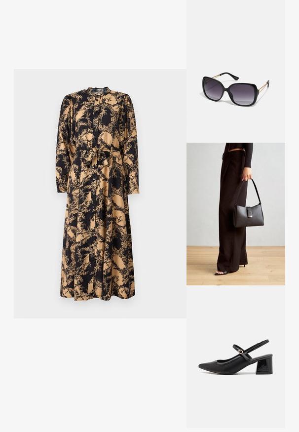 Ilgas mygtukinis suknelė juodos ir beige gėlių raštu, su ilgomis rankovėmis, siauru liemeniu ir surištą diržu. Lygus audinio tekstūra.; Juodi patentinio odos slingback aukštakulniai su smailiu pirštu, apvaliu išpjovimu ir blokiniu kulnu. Papuošti auksiniu juostos akcentu.; Juodos didelės saulės akinių su pereinamais objektyvais, storomis rėmeliais ir auksinės spalvos grandinėmis ant šventyklų.; Juodas rankinė struktūrizuota forma, lygi tekstūra ir metalinis užsegimas. Suporuota su plačiomis juodomis kelnėmis ir atvirais bateliais ant medinių grindų.