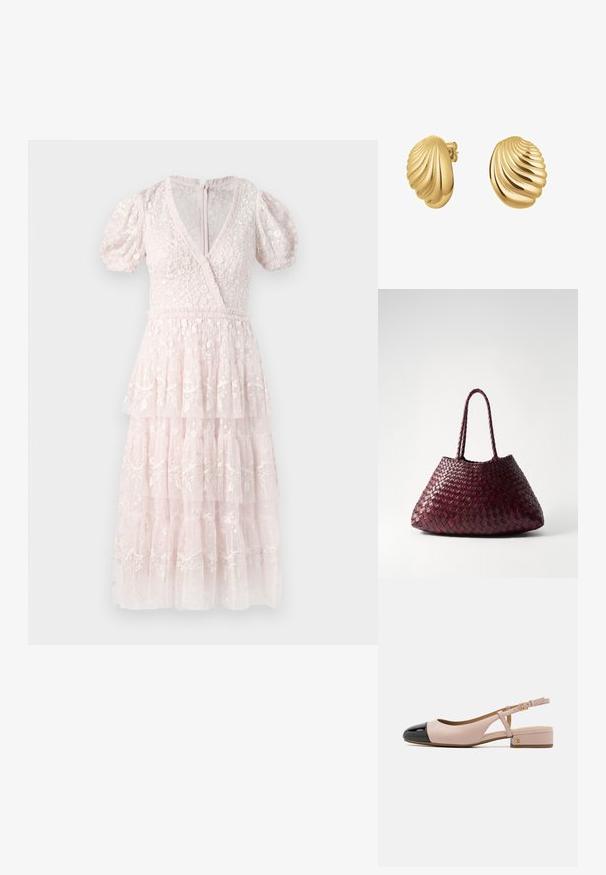 Robe rose à étages avec des manches bouffantes, décolleté en V et broderies florales délicates. Fabriquée en tissu léger et texturé. Fermeture éclair au dos.; Chaussure slingback avec un empeigne en cuir rosé et un bout noir laqué. Elle dispose d'un petit talon carré et d'une brides de cheville réglable.; DRAGON DIFFUSION SANTA CROCE BIG - Sac à main - bordo; Boucles d'oreilles en forme de coquillage en ton or, avec une texture rainurée et une finition polie. Modèle à clou avec une fermeture à tige sécurisée.