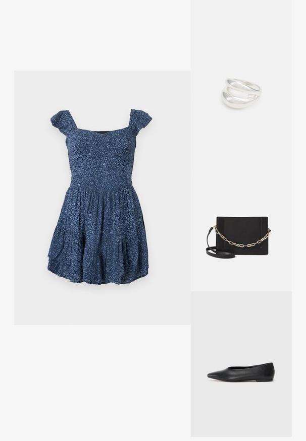 Morsko plava haljina s uzorkastim materijalom, četvrtastim dekolteom i kratkim puf rukavima. Suknja s flared krojem i nabrane detalje.; Crne kožne balerinke, uski vrh, minimalistički dizajn, glatka tekstura, niska peta, bez vidljivih dodataka ili ukrasa.; Crna kožna torba preko tijela s glatkom teksturom, pravokutnim oblikom i metalnim lancem na prednjoj strani. Uključena je podesiva naramenica.; Srebrna dvostruka prsten s glatkom, poliranom površinom. Karakterizira ga fluidan, zakrivljen dizajn s preklapajućim sekcijama za moderan izgled.