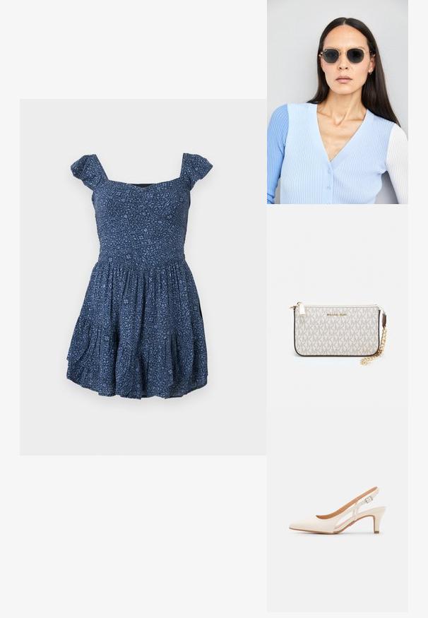 Rochie bleu marin din material cu model, decolteu pătrat și mâneci scurtă cu volănașe. Fustă evazată cu detalii pliate.; Sandaie cu toc alb, cu vârful ascuțit, material superior neted, toc mic tip bloc și design cu decupaj lateral, cu curea ajustabilă.; Ochelari de soare rotunzi cu lentile întunecate și rame aurii. Modelul poartă un cardigan ribbed de culoare albastru deschis cu nasturi și mâneci albe în contrast.; Clutch Michael Kors din canva acoperit bej, cu un model repetitiv al logo-ului MK, accesorii din aur și o curea cu lanț detașabil.