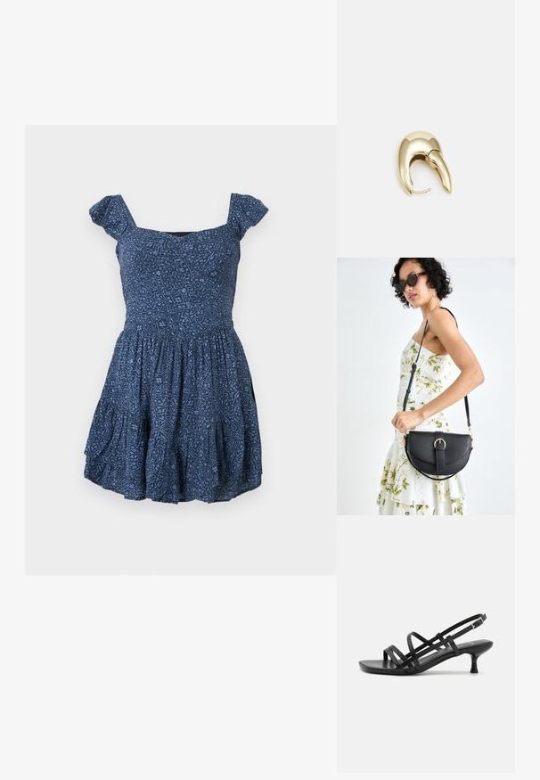 Tumesinine kleit mustriga kangast, ruudukujuline kaelus ja lühikesed puhvärvlid. Laienev seelikuosa koos kogunenud detailidega.; Mustad musta kandaga sandaalid, millel on mitmed risti minevad rihmad. Sile materjal, terav nina ja kitsas konts. Reguleeritav pahkluuri rihm klambriga.; Mustmust mustraha kõverate joontega, eemaldatava rihmaga ja kuldsete detailidega. Kotil on klapp, millel on pandladetail.; Kuldtooni metallist kõrvarõngas, millel on elegantne ja kaarjas disain. Omab silmapaistvat teravat kuju, poleeritud pinda ja hingesulgemist.