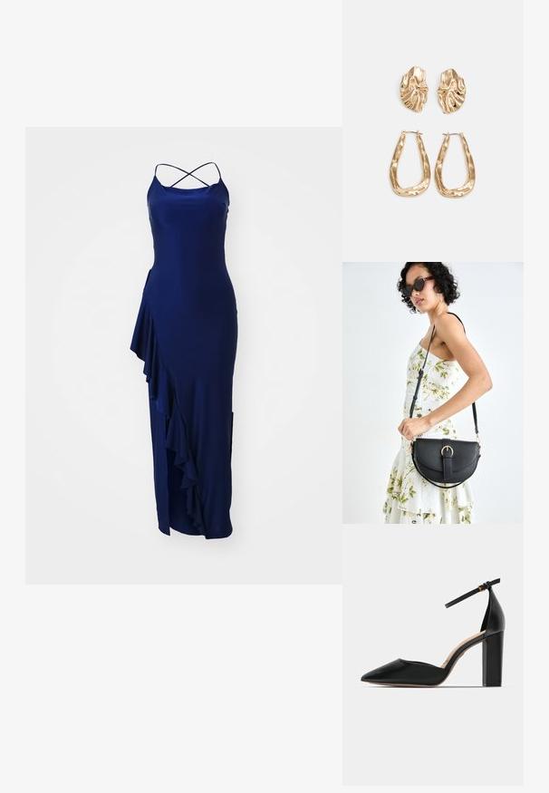 Jūros mėlynumo maksi suknelė su plonomis kryžminėmis petnešomis, turinti šoninį raukšlėjimą ir aukštą įpjovimą laisvam judėjimui, pagaminta iš lygaus audinio.; Juodas odinis aukštakulnis batelis su kulkšnies dirželiu, smailiu pirštu ir kvadratiniu masyviu kulnu. Lygus paviršius su minimalistiniu dizainu.; Juodas odinis krepšys su išlenkta forma, nuimamu dirželiu ir auksiniais detalėmis. Krepšys turi kilpą su sagtimi.; Auksinės auskarai, turintys tekstūruotus, bangų formos elementus. Įeina skulptūriniai segami auskarai ir atviri lankai su išmuštu paviršiumi.