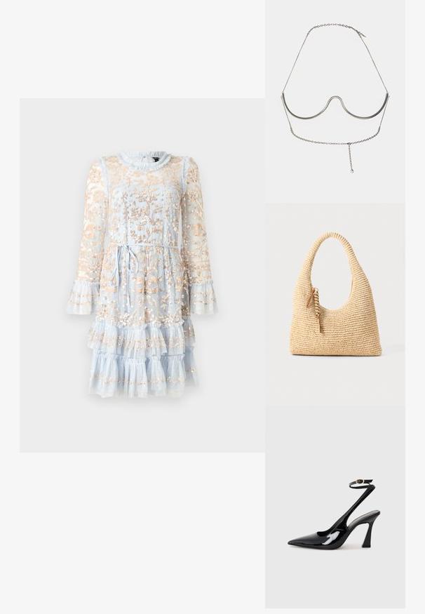 Mėlyna tinklelio suknelė su ilgomis rankovėmis, raukšlėtais rankogaliais, aukso spalvos gėlių siuvinėjimu, kelių sluoksnių ir reguliuojama juosmens juosta.; Juodai lakuoti slingback aukšti kulniukai su smailiu nosiu, reguliuojama čiurnos juostele ir vidutinio dydžio blokiniu kulnu. Lygus paviršius su blizgiu apdaila.; Audimo šviesiai rudos spalvos rankinė su išlenkta rankena, tekstūruotu paviršiumi ir ruda kutu. Yra laisva, hobo forma.; Cult Gaia ASHA BODY JEWELRY - Kiti aksesuarai - bright shiny silver-coloured