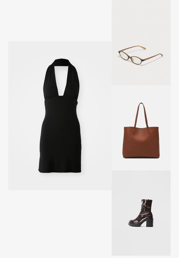 Čierne halter šaty vyrobené z mäkkej látky. Majú hlboký výstrih do V a priliehavý strih, s hladkou textúrou a bez viditeľných vzorov.; Lesklé burgundské kotníkové boty s robustním černým podpatkem, s hladkou strukturou a jednoduchým designem. Bez viditelných zapínání nebo vzorů.; Hnedé želvovinové okuliare s oválnymi sklíčkami, tenkými ramenami a priesvitnými akcentmi. Obsahujú jemný logo na stranici. Štýlový, ľahký dizajn.; Hnedá kožená taška na rameno s hladkou textúrou, otvoreným vrchom a dvoma ramenými popruhmi. Má minimálne šitia a žiadne viditeľné kovania.
