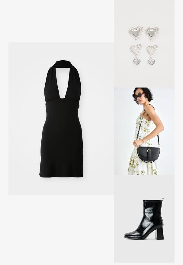 Vestido halter preto feito de tecido suave. Apresenta um decote em V profundo e um design ajustado, com uma textura lisa e sem padrões visíveis.; Botim de tornozelo pretos em verniz com bico quadrado e salto geométrico robusto. Apresenta uma textura suave e brilhante, além de uma pega traseira para facilitar o calçar.; Bolsa de couro preta com forma curva, alça destacável e detalhes em dourado. A bolsa possui uma aba com detalhe de fivela.; Os brincos em forma de coração prateados apresentam pedras claras facetadas, com uma moldura texturizada. O conjunto inclui estilos de botão e de gota.