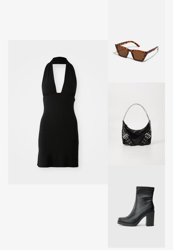 Musta halterneck-mekko, joka on valmistettu pehmeästä kankaasta. Siinä on syvä V-pääntie ja tiukka malli, jossa on sileä pinta ja ei näkyviä kuvioita.; Mustat nahka nilkkurit, joissa on korkea paksu korko, sileä pinta, istuva muotoilu ja ommeltu koristelu ylhäällä.; Ruskopuisia aurinkolaseja, joissa on kilpikonnakuosiset kehykset, kulmikkaat muotoilut ja kapeat käytävät. Kevyt muovimateriaali.; Musta lakattu nahkalaukku kiiltävällä hopeaketjuhandlella, jossa on koristeellisia hihnoja ja metalliaukkoja. Tyylikäs, kaareva muoto.