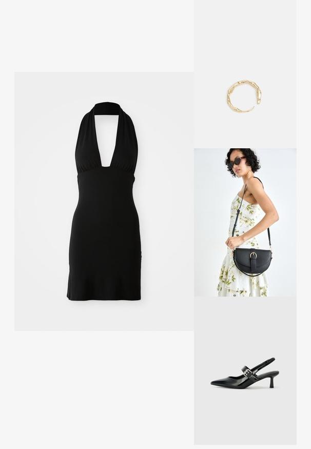 Juoda halter suknelė, pagaminta iš minkštos medžiagos. Pasižymi giliu V formos iškirpimu ir kūną apglėbiančiu dizainu, turi lygų paviršių ir jokių matomų raštų.; Juodai lakuoti slingback aukštakulniai su smailiu kojų pirštu ir mažais blokiniais kulniukais, su sidabro sagtimi ant dirželio.; Juodas odinis krepšys su išlenkta forma, nuimamu dirželiu ir auksiniais detalėmis. Krepšys turi kilpą su sagtimi.; Auksinės spalvos žiedas, turintis organišką, sukimosi dizainą su lygiu paviršiumi ir siaurėjančiais galais, sukuriantis modernią skulptūrinę išvaizdą.
