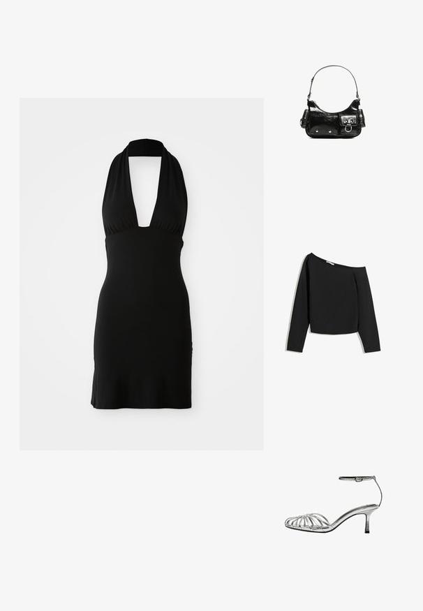 Fekete, puha anyagból készült pántos ruha. Mély V-nyakkivágással és testhezálló kialakítással rendelkezik, sima textúrája van, látható minták nélkül.; Fekete, váll nélküli, hosszú ujjú blúz, puha anyagból készült. Rövidített fazonú, széles nyakkivágással és testhez simuló ujjakkal rendelkezik.; Ezüst szandál, alacsony sarokkal, több keresztbe fűzött pánttal, bokapánttal csattal, sima, fényes felülettel.; Fekete lakkbőr kézitáska ívelt formával, egy vállpánttal, elülső zsebekkel és ezüstszínű fémrészletekkel.