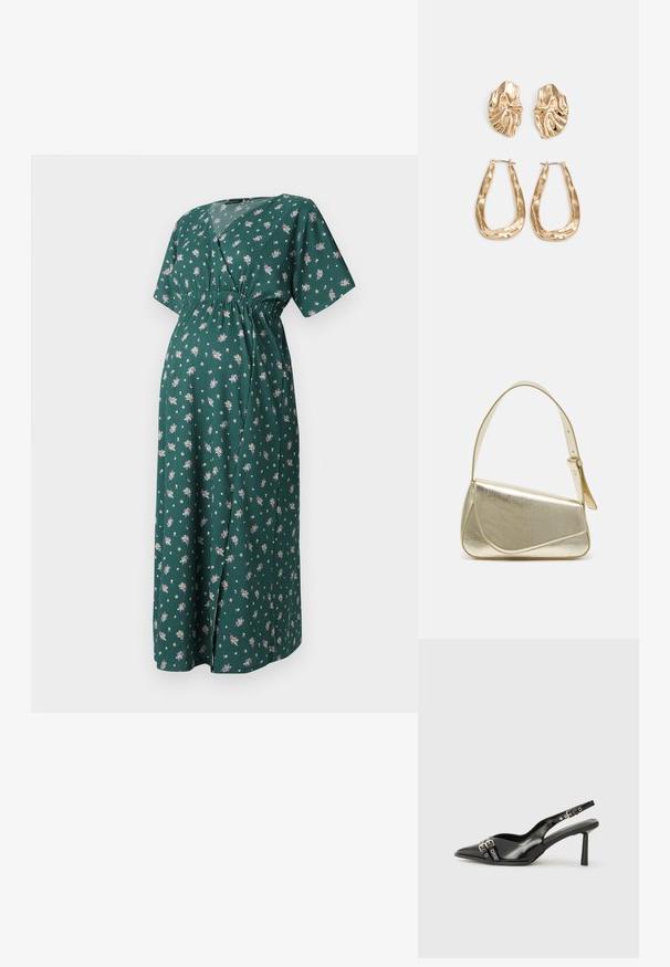 Zelena cvetna obleka z V-izrezom, kratkimi rokavi in elastičnim pasom. Ima dolgo, tekočo silhueto z majhnimi cvetličnimi vzorci.; Črne patentne usnjene sandale s koničastim nosom, zankami okoli gležnja s srebrnimi sponkami in opremo ter vitkimi petami.; Zlata metalna torbica z urejenim dizajnom, gladko teksturo in nastavljivim trakom. Ima edinstveno trikotno obliko in minimalistično šivanje.; Zlato obarvani uhani z teksturiranimi, valovitimi oblikami. Vključujejo skulpturalne sponke za ušesa in odprto obliko obročka s kladivastim finišem.