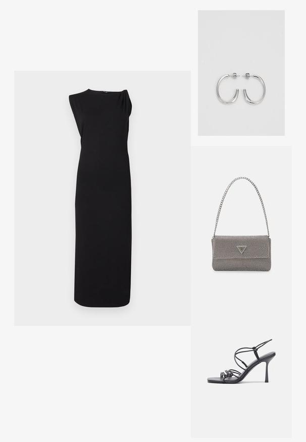 Ujj nélküli fekete midi ruházat, egyszerű, kerek nyakvágással és egyenes, testhezálló sziluettel, sima háttér előtt.; Fekete magas sarkú szandálok vékony pántokkal, csomózott mintával, sima négyzetes orral és karcsú stiletto sarkal rendelkeznek.; Világosszürke fémes kézitáska lánc pánttal, kis kör alakú fém kifinomult díszítéssel és háromszög alakú márkagéppel.; Ezüst karika fülbevalók sima, fényes felülettel. Lekerekített forma, könnyű kialakítással, tűs zárómechanizmussal.