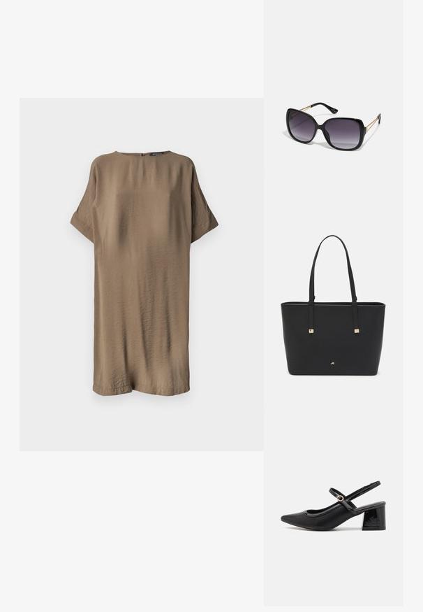 Prevelika haljina kratkih rukava od teksturiranog, prigušenog smešnog materijala. Jednostavno okruglo izrezivanje i diskretna pozadinska kopča. Ležeran dizajn.; Crne lakirane slingback visoke potpetice s šiljastim vrhom, zaobljenim izrezom i blok potpeticom. Sadrži akcent zlatnog tona s kopčom.; Crne prevelike sunčane naočale s gradijentnim lećama, debelim okvirom i zlatnim lancem kao detaljem na krakovima.; Crna torba od sintetičkog materijala, s jednostavnim pravokutnim dizajnom, zlatnim kvadratnim detaljima i dvostrukim ručkama.