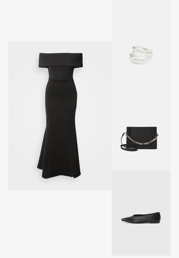 Czarna sukienka na ramiączkach, z dopasowanym gorsetem, rozkloszowanym dołem i bocznym rozcięciem. Wykonana z gładkiego materiału bez widocznych wzorów czy elementów metalowych.; Czarne baleriny z lakierowanej skóry, spiczasty nosek, minimalistyczny design, gładka faktura, niskie obcasy, bez widocznych elementów metalowych czy ozdób.; Czarna skórzana torebka typu crossbody z gładką teksturą, prostokątnym kształtem oraz metalowym detalem w postaci łańcuszka z przodu. W zestawie regulowany pasek.; Srebrna obrączka podwójna z gładką, polerowaną powierzchnią. Posiada płynny, zakrzywiony kształt z nakładającymi się sekcjami, co nadaje nowoczesny wygląd.