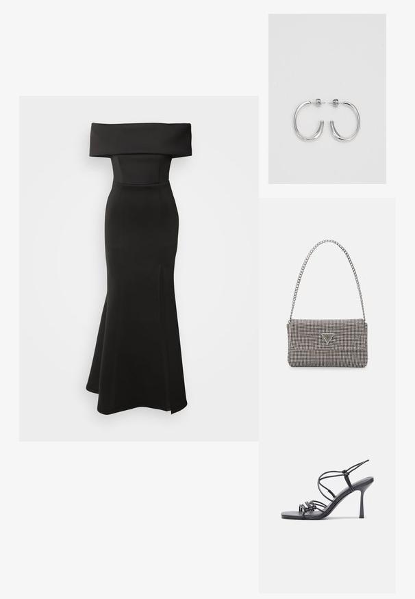 Fekete, vállnélküli ruha testhez simuló felsőrésszel, bővülő szoknyával és oldalsó hasítékkal. Simaságot sugárzó anyagból készült, látható minták vagy hardverek nélkül.; Fekete magas sarkú szandálok vékony pántokkal, csomózott mintával, sima négyzetes orral és karcsú stiletto sarkal rendelkeznek.; Világosszürke fémes kézitáska lánc pánttal, kis kör alakú fém kifinomult díszítéssel és háromszög alakú márkagéppel.; Ezüst karika fülbevalók sima, fényes felülettel. Lekerekített forma, könnyű kialakítással, tűs zárómechanizmussal.