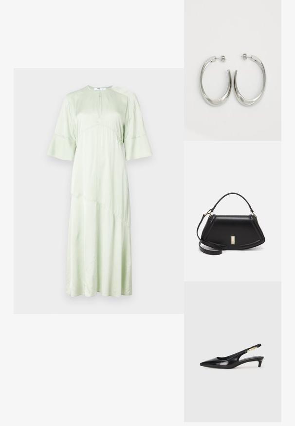 DAY Birger et Mikkelsen CAMILLA - Cocktail dress / Party dress - green; Black leather slingback heels with a pointed toe, featuring a slim heel and a gold-tone accent on the adjustable strap. Smooth texture.; Black leather handbag with a structured design, featuring a cropped shape, top handle, and gold hardware accent. Adjustable shoulder strap included.; Silver hoop earrings with a smooth, curved design. Features a shiny metallic finish and stud closure. No visible patterns or accents.
