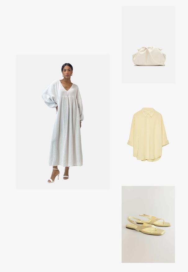 Elara Maxikjoler - weiß; Lysegul, knappet skjorte lavet af blødt stof. Har en klassisk krave, opkrøllede ærmer og en afslappet pasform med en buet kant.; Gule flade sandaler med en struktureret kunstlæderoverdel, tåpostdesign og ankelstrop med en lille spænde. Firkanthælt form, minimalistisk stil.; Cremefarvet, blødt kunstlædertaske med sammenkrøllede detaljer, justerbar rem og diskret snørelukning. Glat overflade og afrundet form.