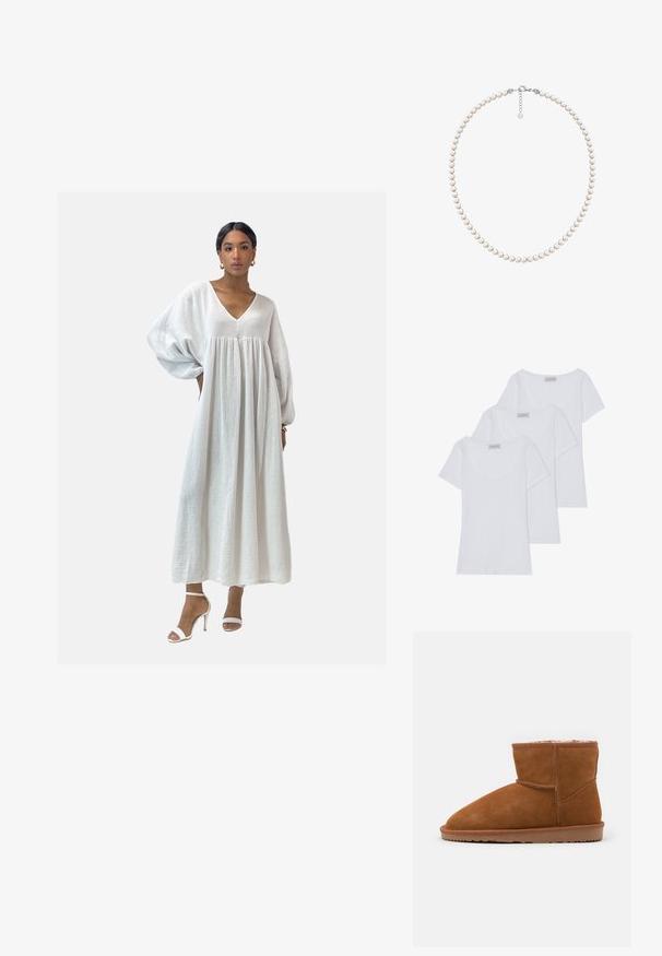Elara Maxikleid - weiß; Drei weiße Baumwoll-T-Shirts mit kurzen Ärmeln und rundem Halsausschnitt, die eine glatte Textur und ein einheitliches Design aufweisen.; Braunes Wildleder Stiefeletten mit runder Zehenpartie und weicher Innenausstattung, ausgestattet mit einer flachen Gummisohle und minimalen Nähdetails.; Süßwasserperlenkette mit einheitlichen runden weißen Perlen, abgeschlossen mit einem Silberverschluss und einer Verlängerungskette für anpassbare Länge.