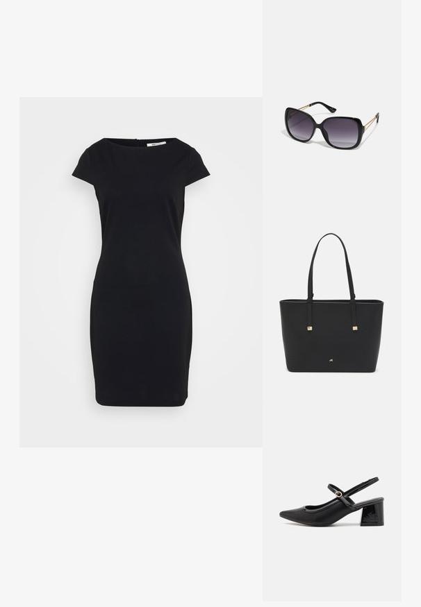 Rochie neagră, ajustată, cu mâneci scurte tip cap, decolteu rotund și fermoar ascuns la spate; material neted cu un finisaj mat.; Cizme cu toc slingback din piele sintetică lacuită neagră, cu vârful ascuțit, un design cu decupaj rotunjit și toc bloc. Include un accent cu cataramă de culoare aurie.; Ochelari de soare negri, supradimensionați, cu lentile degradate, rame groase și detalii cu lanț de ton auriu pe brațele templului.; Pungă tote neagră, fabricată din material sintetic, având un design simplu rectangular, accente aurii pătrate și mânere duble.
