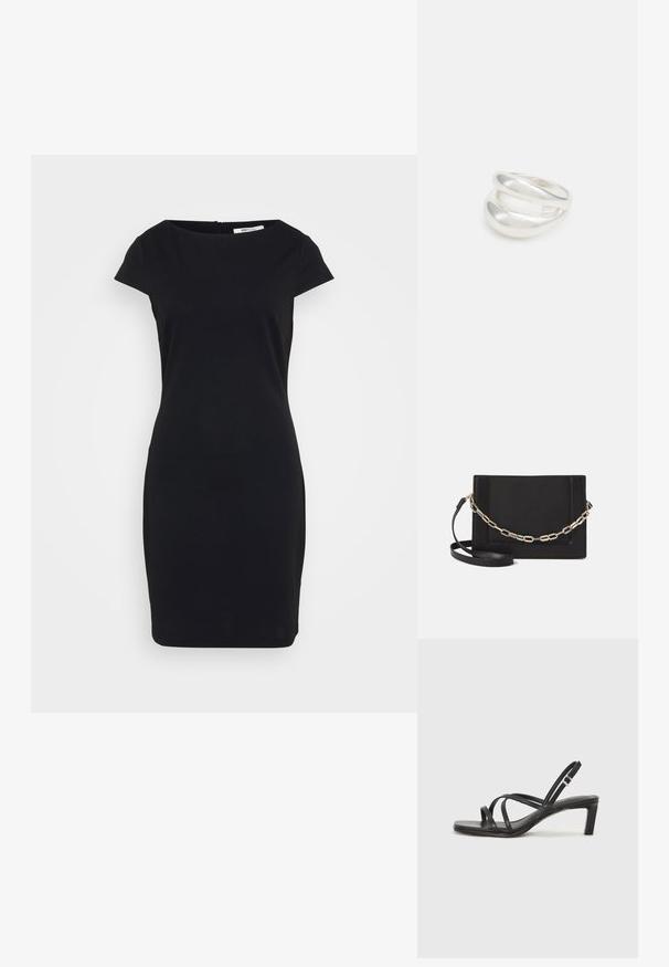 Melnas pieguļošas kleitas ar īsām piedurknēm, apaļu izgriezumu un slēptu rāvējslēdzēju aizmugurē; gluda auduma ar matētu apdari.; Melnas strappy sandales ar kvadrātveida purngaliem un zemu bloku papēdi. Ievērojamas ar vairākiem plāniem siksniņām un regulējamu potītes siksniņu. Izgatavotas no gludas ādas.; Melna ādas crossbody soma ar gludu faktūru, taisnstūrveida formu un metalizētu ķēdes detaļu priekšā. Iekļauta regulējama siksna.; Sudraba divu joslu gredzens ar gludu, pulētu virsmu. Iezīmējas ar plūstošu, izliekta dizaina struktūru ar pārklājošām sekcijām modernam izskatam.