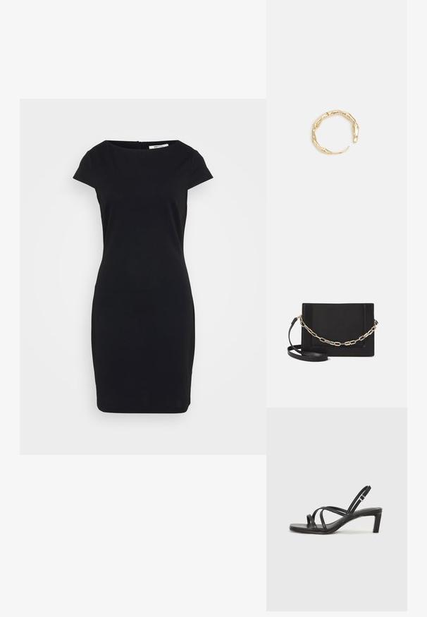 Črna obleka s prilagojenim krojem in kratkimi kapicami, okroglim izrezom ter skritim zadrgo na hrbtni strani; gladka tkanina z mat površino.; Črne natikače s trakovi in kvadratnim prstom ter nizkim blokastim peto. Imajo več tankih trakov in nastavljiv trak okoli gležnja. Narejene so iz gladkega usnja.; Črna usnjena torba čez ramo z gladko teksturo, pravokotno obliko in kovinskim verižnim detajlom spredaj. Vključena je nastavljiva naramnica.; Zlati prstan s organskim, zvitim dizajnom, gladko površino in taperiranimi konci, ki ustvarja modernega, skulpturalnega videza.