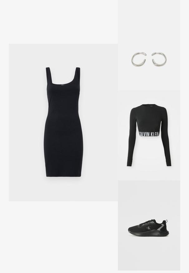 Tætsiddende sort kjole med firkantet halsudskæring, brede skulderstropper og glat tekstur, designet til at skabe en slank silhuet.; Sort langærmet crop top med høj hals og hvid "Calvin Klein" logo bånd om taljen.; Sort lavtop sportsko med åndbart mesh, snørebåndsdesign, tekstureret sål og "cK" logo på siden.; Sølv hoops øreringe med et glat, afrundet design og en elegant, poleret finish. Har en minimalistisk form med en let åbning.