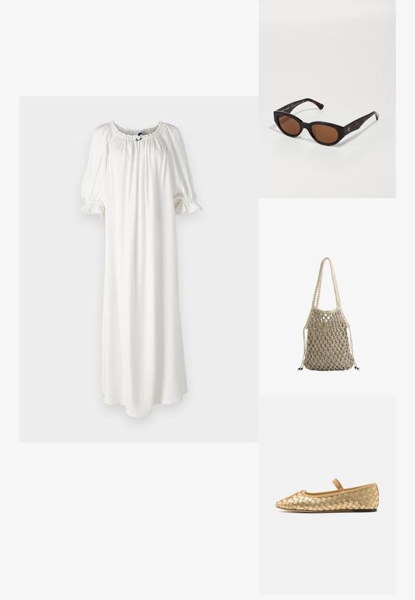 Valkoinen, valuva mekko pehmeästä kankaasta, jossa on smokkikaulus ja puffihihat, etuosassa hienovarainen solmukuvio.; Loeffler Randall LEONIE SOFT BALLET FLAT - Ballerinat nilkkaremmillä - gold; Mustikkatäpläiset aurinkolasit ruskeilla linsseillä, kulmikas muotoilu ja leveät sankat, joissa on hillitty logodetus. Sileä muovipinta.; Kudotut beigen väriset laukut, joissa on verkkomainen muotoilu, kahdessa punotussa kahvassa ja nyörikiinnitys, korostettuna tummilla helmirivin yksityiskohdilla.