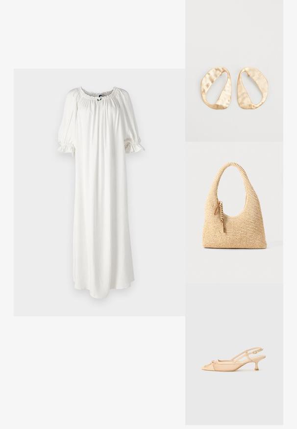 Bijela, lepršava haljina od mekog materijala s naboranim izrezom i napućenim rukavima, koja sadrži suptilni detalj kravate sprijeda.; Stuart Weitzman KITTY - Klasične cipele s visokom petom - beige/barely beige; Tkanina bežna torba s zakrivljenim ručkom, teksturiranom površinom i smeškom smeškom od smeđe boje. Ima opušten oblik hobo torbe.; Par zlatnih metalnih naušnica nepravilnog ovalnog oblika s teksturiranom, blago kovanom površinom na bijeloj pozadini.