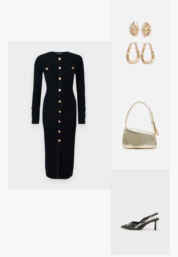 Fekete, hosszan ujjú, bordázott ruha aranyszínű gombzárral, két mellzsebbel és egy elülső hasítékkal. Puha tapintás, testhezálló fazon.; Fekete lakk bőr, hegyes orrú slingback cipő, boka pántokkal, ezüst csatokkal és hardverelemekkel, valamint karcsú sarkú.; Arany fémes kézi táska, strukturált dizájnnal, sima felülettel és állítható pánttal. Egyedi háromszög alakú, minimalistának mondható varrásokkal rendelkezik.; Aranyszínű fülbevalók, texturált, hullámos formákkal. Tartalmazza a szobrászati klipszes studokat és az open hoop kialakítást, kalapácsos felülettel.